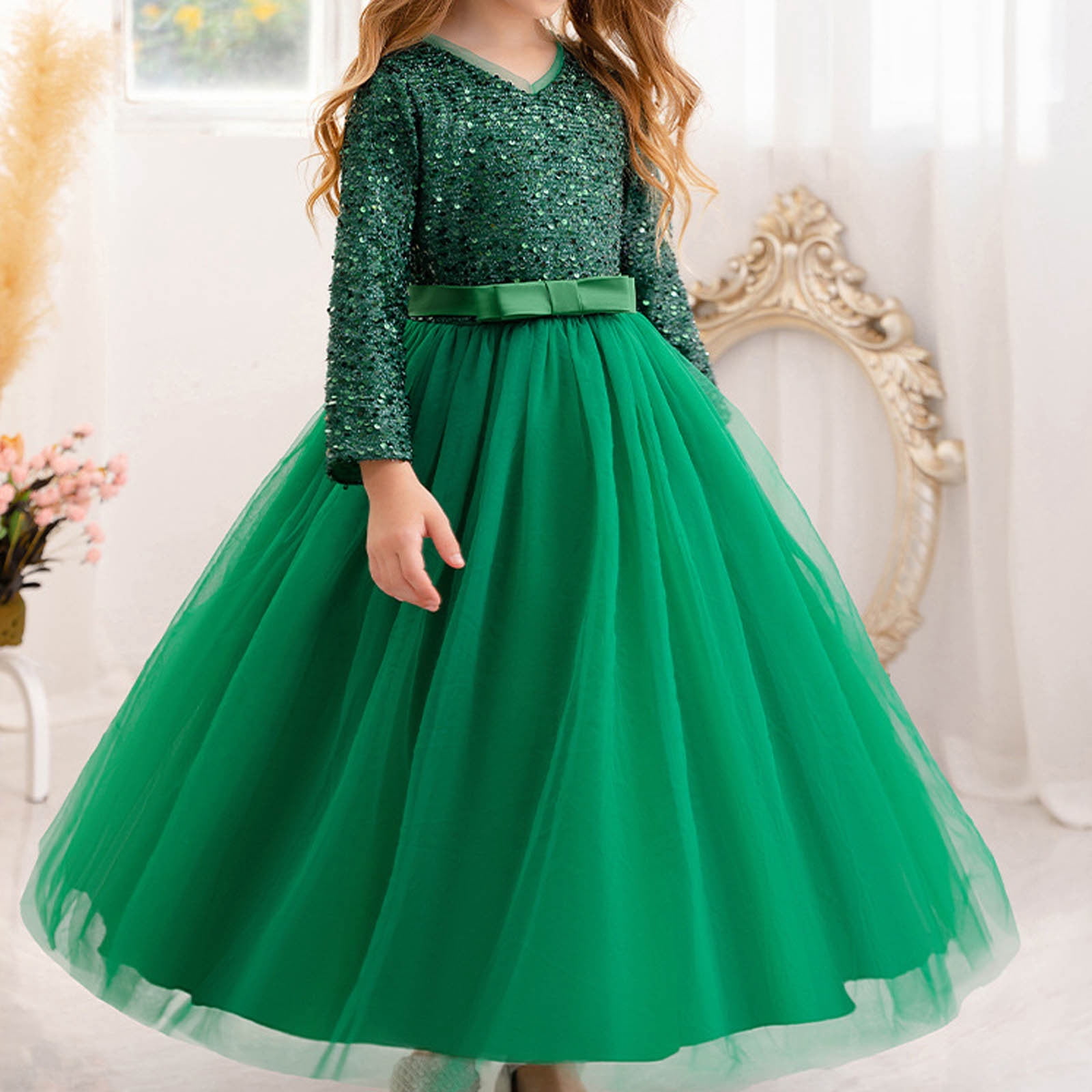 JSGEK Floral Girls Vintage Lace Long Sleeve Bridesmaid Dress Princess Wedding Party Pageant Evening Formal Prom Ball Gown Green 7-8Years