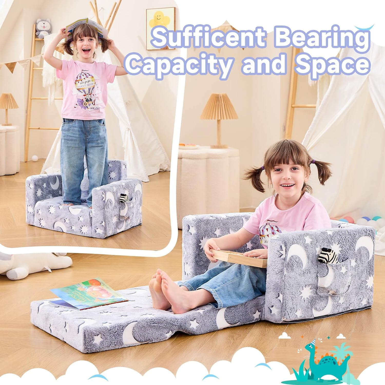 Toddler Couch, Toddler Chair Folding, Kids Couch 2 in 1 Kids Sofa Glow in The Dark Couch, Gifts Sleeper for Girls Boys - Gray Sky