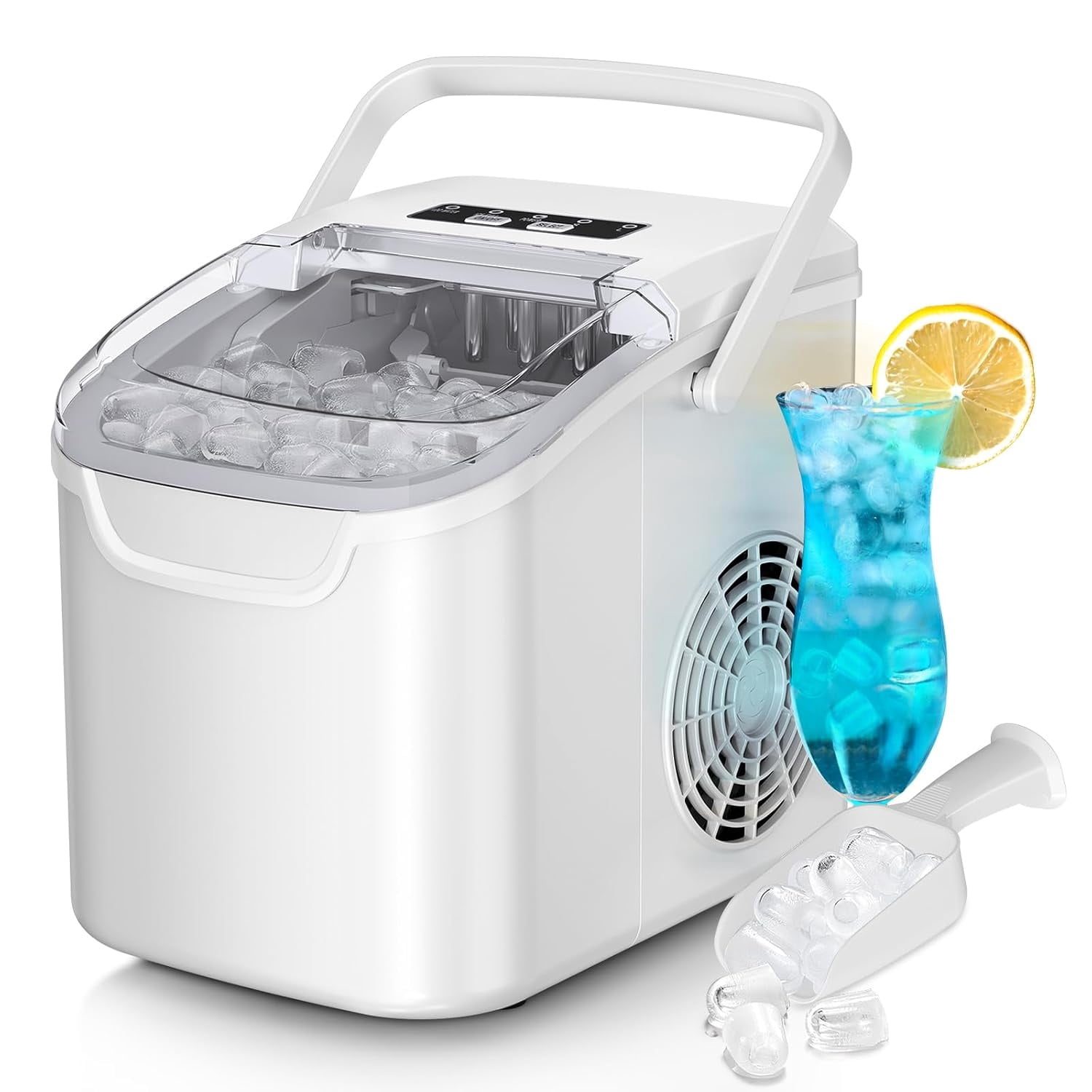 Countertop Ice Maker Machine, 8 Ice Cubes in 6 mins, 26lb/Day Ice with 2 Sizes- Portable Mini, for Home/Party/Travel/Camping/Bar,White