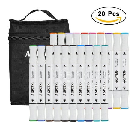 Dual Tap - AGPtek Fabric Marker Set, Premium Art Marker Pen Set with 20 Permanent Colors in Dual Tips & BONUS Carry Bag