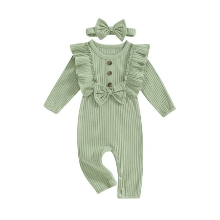 

Baby Girl 2Pcs Fall Outfits Long Sleeve Bow Front Romper with Headband