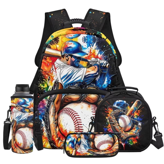 Yuyamidu Baseball Backpack for Boys 8-12 with Lunch Box 4 Pcs Kids School Bag Set with Pencil Case Water Bottle Sleeve Elementary Middle Bookbag Back to School Gifts