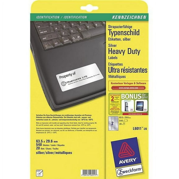 Avery Zweckform L6011-20 Heavy-Duty Labels 63.5 x 29.6 mm Weather-Resistant 20 Sheets / 540 Labels Silver