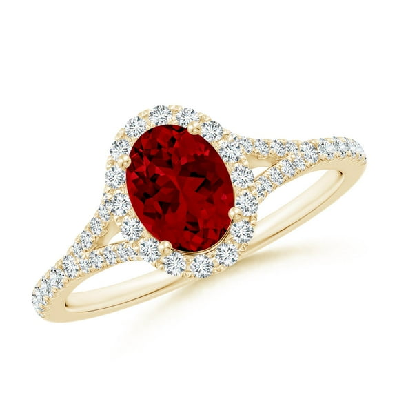 ANGARA Lab Grown Oval Ruby Halo Split Shank Engagement Ring for Women in 14K Yellow Gold (Size-7x5mm) | July Birthstone Jewelry for Her | Lab-Grown Ruby Engagement Rings