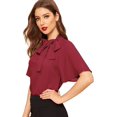 thumbnail image 1 of Women's Casual Side Bow Tie Neck Short Sleeve Blouse Shirt Top Burgundy M Burgundy M Xishao ropa, 1 of 2