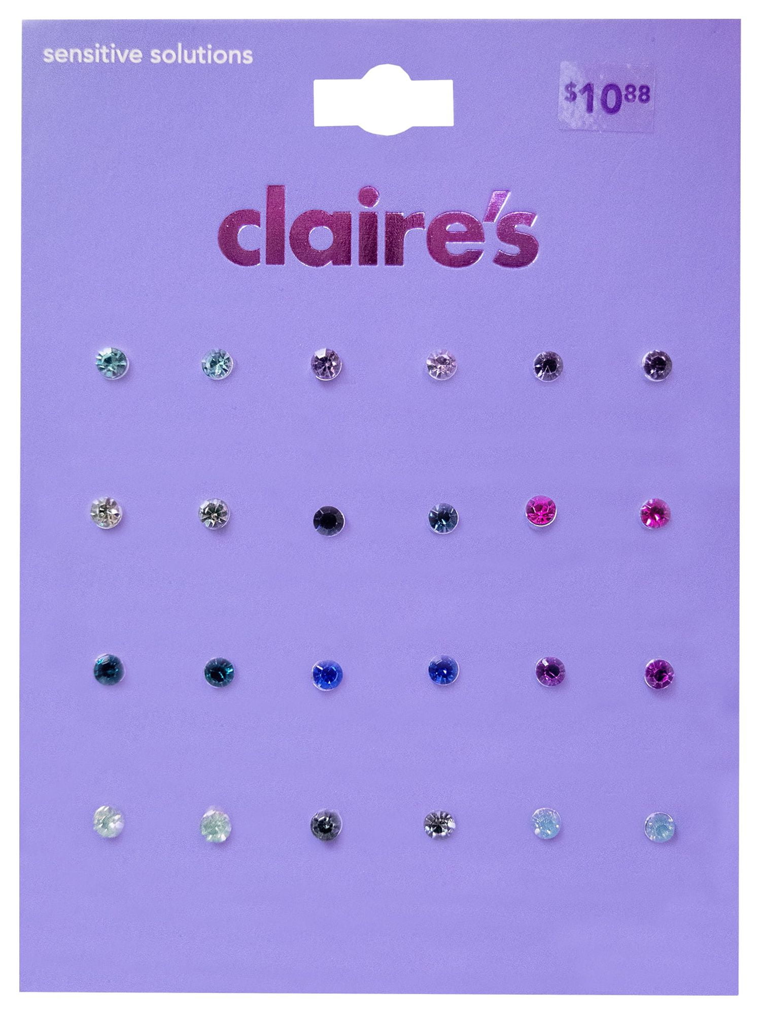 Claire's Girls Teen 2mm Multicolor Jewel Crystal Stud Earrings Set, Post Back, 12-Pack