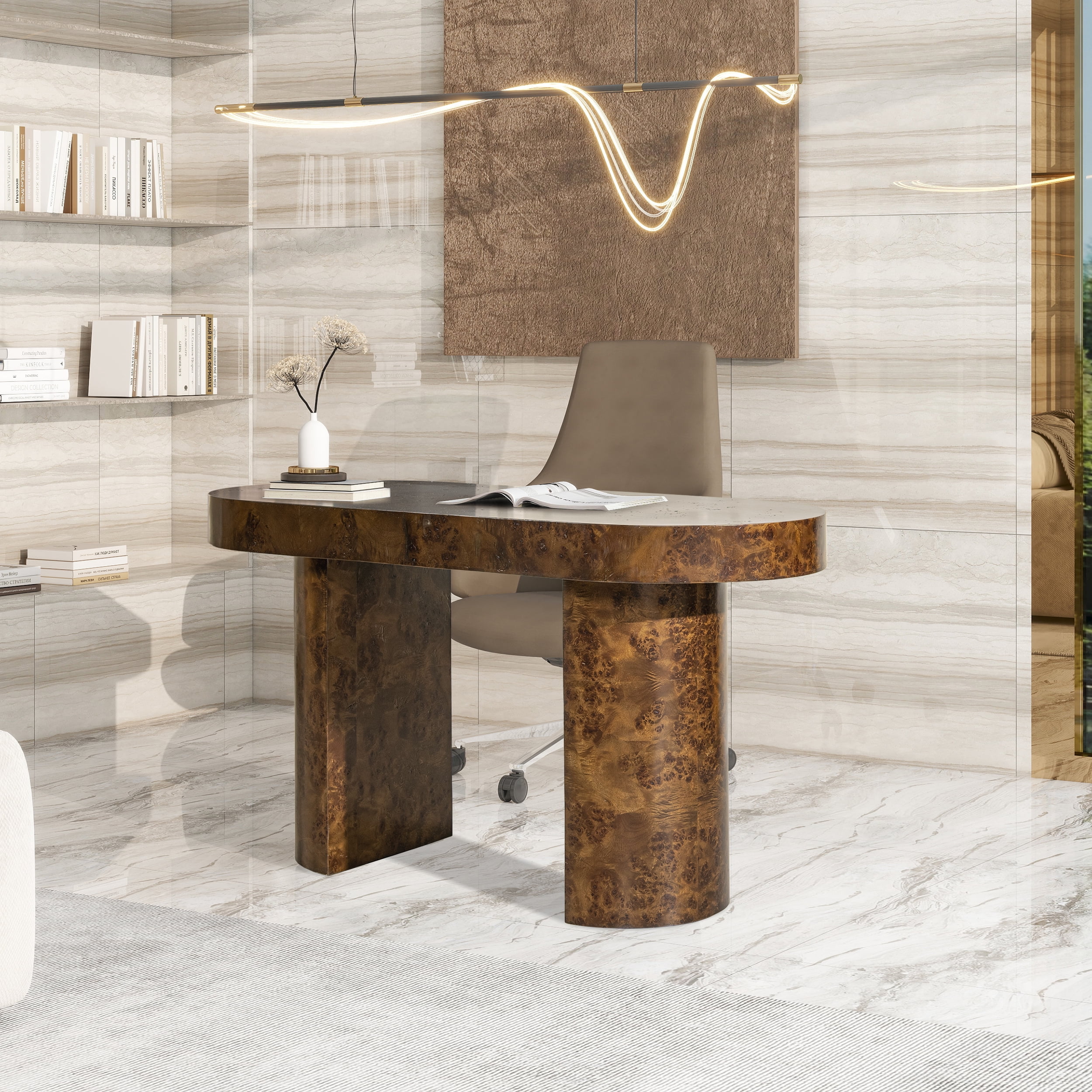 Jennifer Taylor Home Jesse 55.5" Single Drawer Oval Computer Desk, Dark Brown Burl Wood