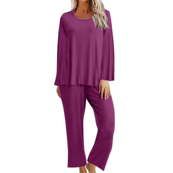 BXINGOHAI Women's Pajamas 2 Piece Sets Crewneck Long Sleeve Sleepshirt and Elastic Waist Pants Sets Loungewear Outfits Today Purple,M