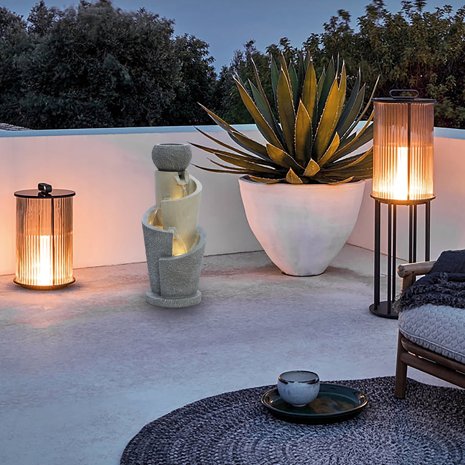 LuxenHome 27 Inch Gray Resin Cascading Spiral Outdoor Water Fountain with Lights