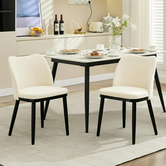 Set of 2 Modern Dining Chairs, Linen or Velvet Upholstered with Padded Seats, Wooden Legs & Floor Protectors, Beige & Grey Options for Kitchen, Dining Room, or Café