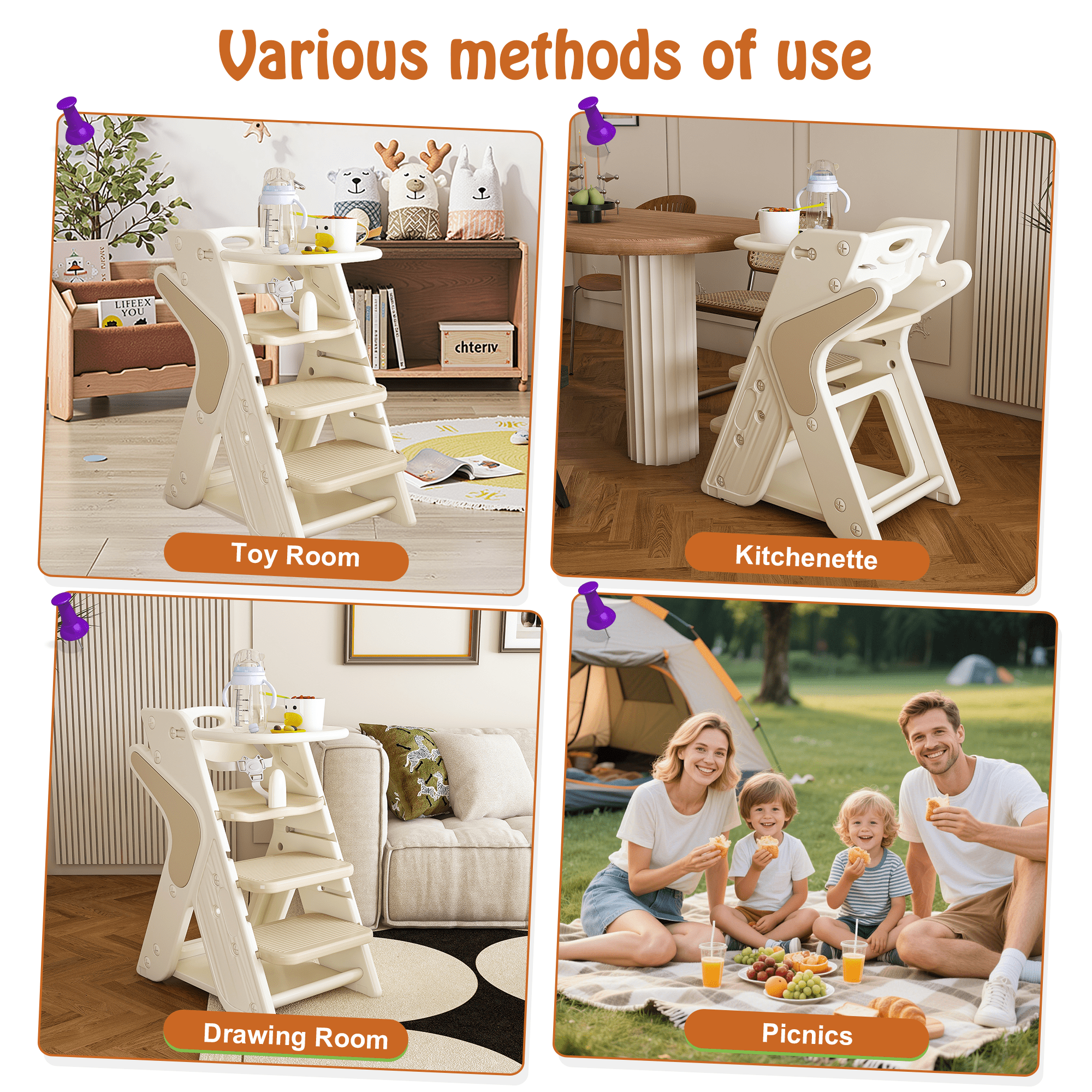 Wohh 3 in 1 Multi Functional Growing Up Dining Chair for Eating, Convertible Baby High Chair Toddler Learning Tower & Step Stool, Adjustable Height with 5-Point Harness, Removable Tray(Beige)