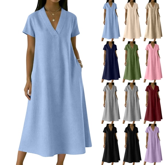 Laqbezok Women's Casual V-Neck Long Dress, Short Sleeve Solid Color Loose A-Line Gown, Soft Breathable Summer Dress with Side Pockets