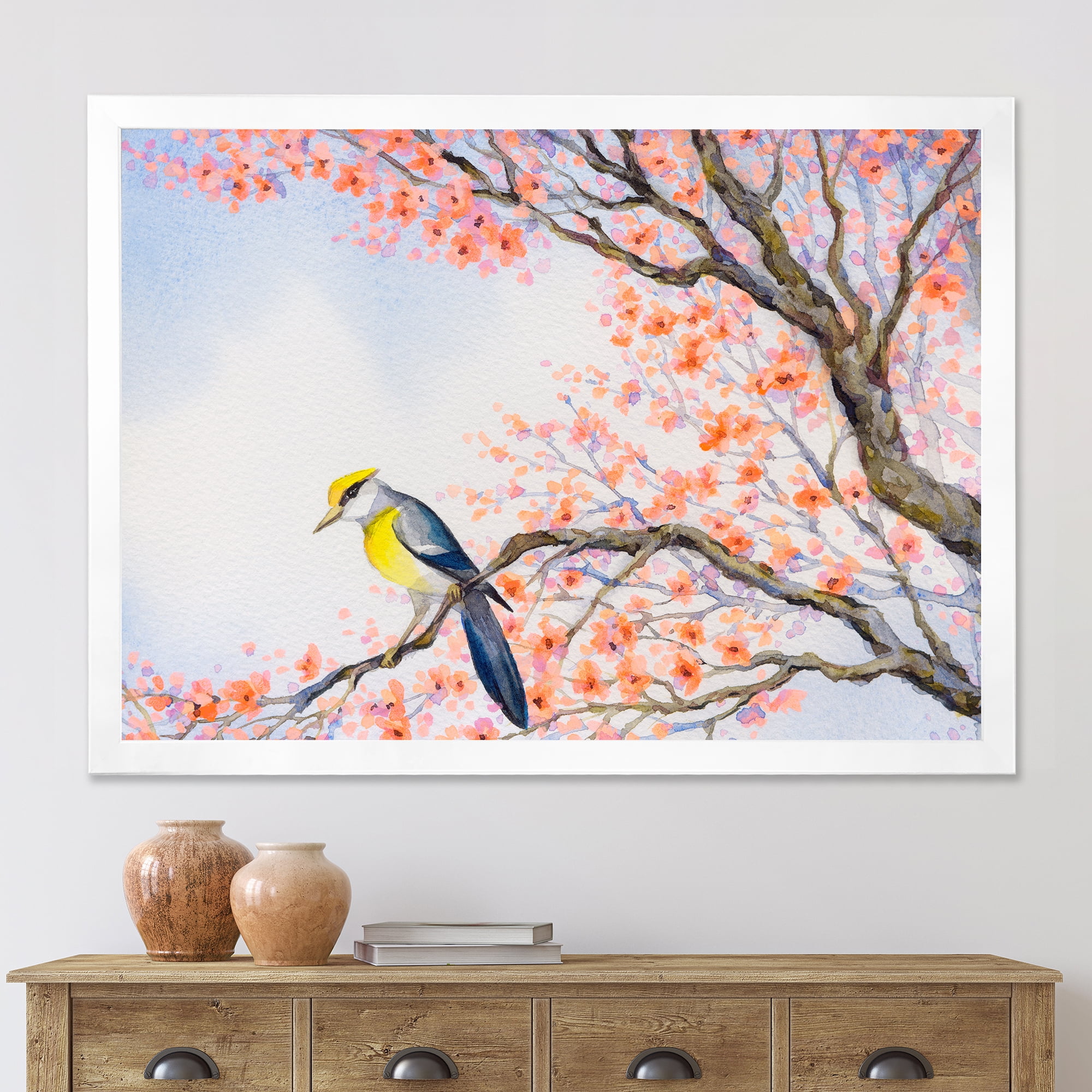Beautiful Blue Bird Sitting On Flowering Branch I 40 in x 30 in Framed Painting Canvas Art Print, by Designart