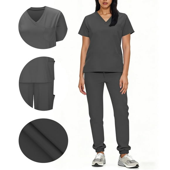 SBYOJLPB Nursing Uniform Set for Women Solid Color Drawstring Tapered Jogger Pants with Pocket Caregiver Short Sleeve V-Neck Blouses