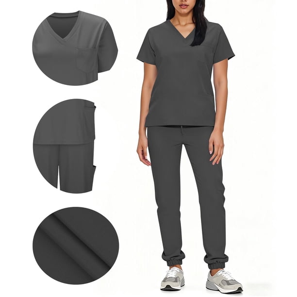 TaTaai Short Sleeve V Neck Nursing Set, Women's Pocket Blouse, Loose Drawstring Pants Uniform, Suitable for Clinic Healthcare Daily Outfits Gift