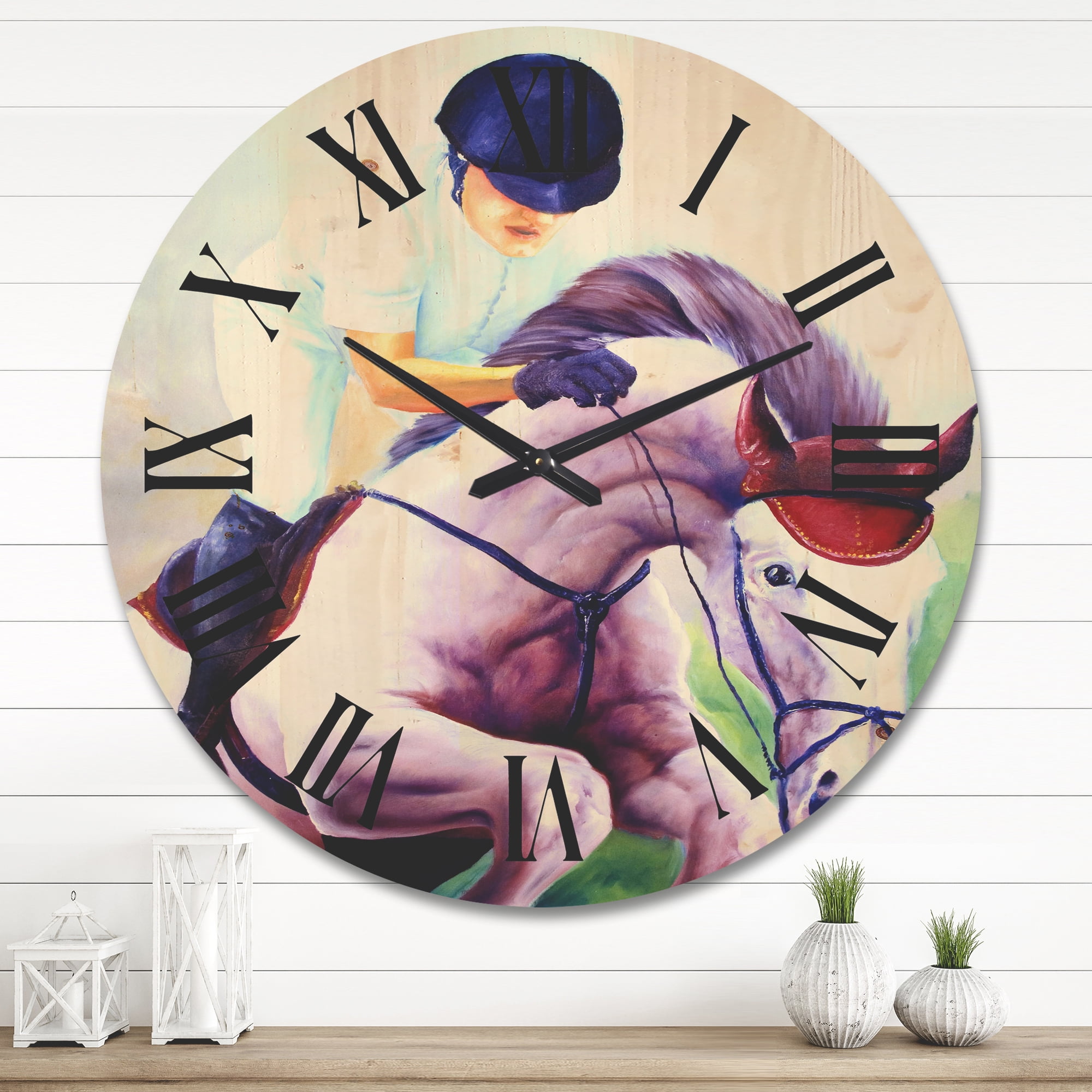 Designart 'Jockey On Galoping Pink Horse' Farmhouse Wood Wall Clock