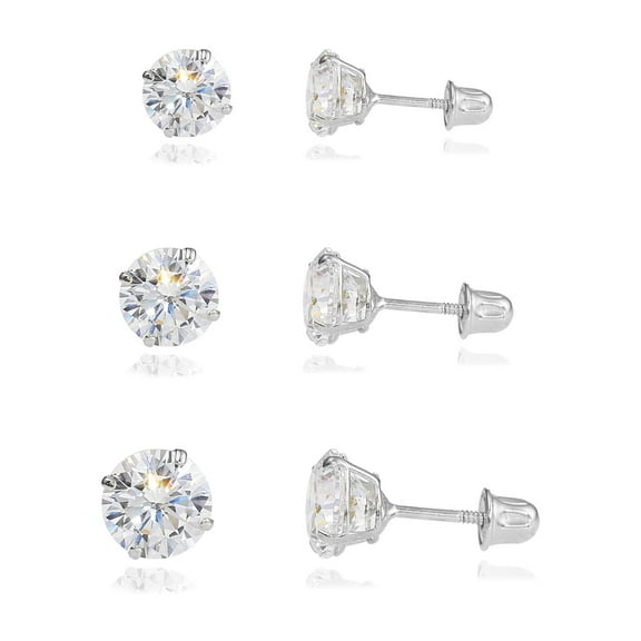 3 PAIR SET! 10K White Gold Solitaire Round CZ Stud Post Earrings with Secure Screw-backs | 3mm, 4mm, 5mm | Women, Men, Unisex