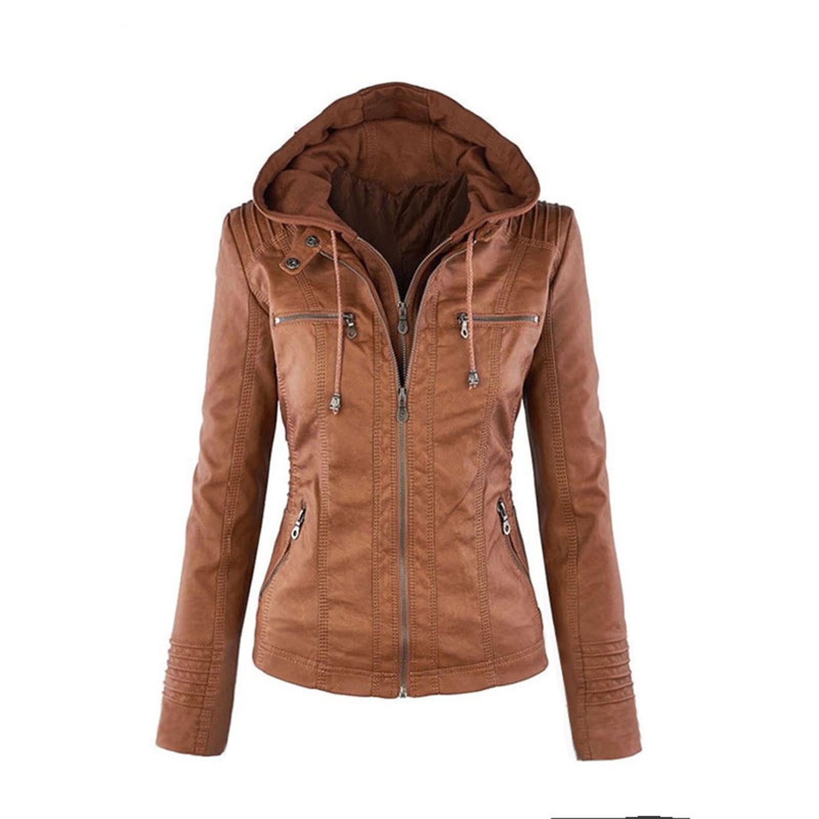 IROINNID Women's Faux Leather Jacket Hooded Long Sleeve Casual Biker Zip Up Jacket,Brown