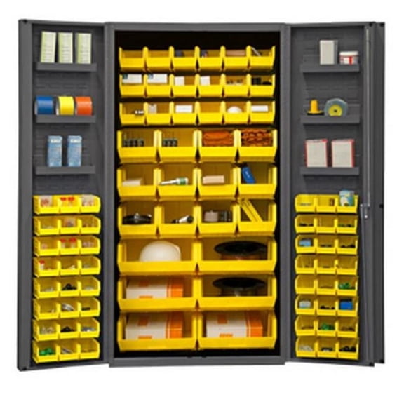 Durham  14 Gauge Lockable Cabinet with 78 Yellow Hook on Bins & 6 Door Shelves - Gray - 36 x 24 x 72 in.