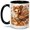Black, variant on Cute Turkey Fall 11oz Ceramic Mug with Patchwork Feather Artwork Ceramic mug featuring a bow turkey, patterned feathers, pumpkins, acorns, and autumn leaves for coffee or tea