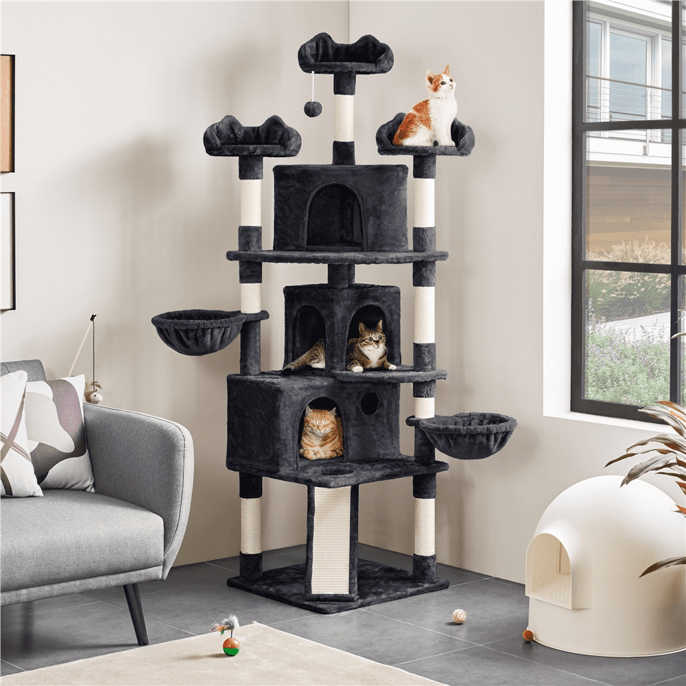 Alden Design 76.5" H Large Cat Tree Tower with 3 Condos Cozy Perches Dangling Ball, Black