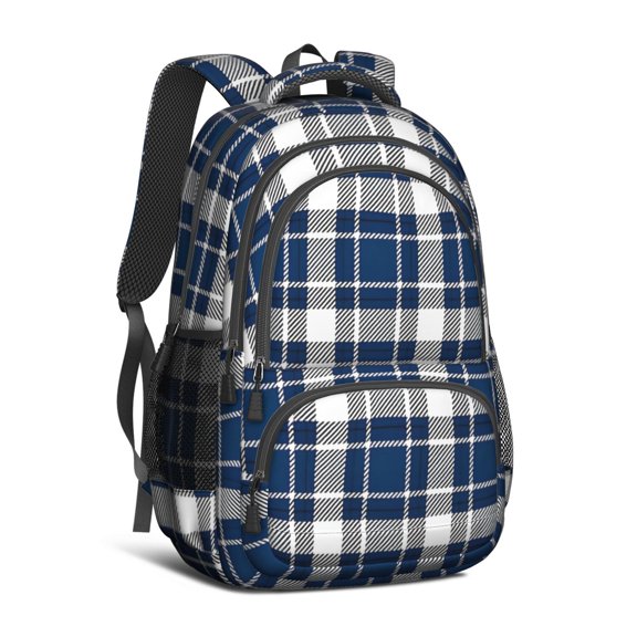 Blue and White Checkered Pattern Backpack for School, Cute School Bag with Adjustable Shoulder Straps and Padded Back, 16.9"x12.6"x5.9"