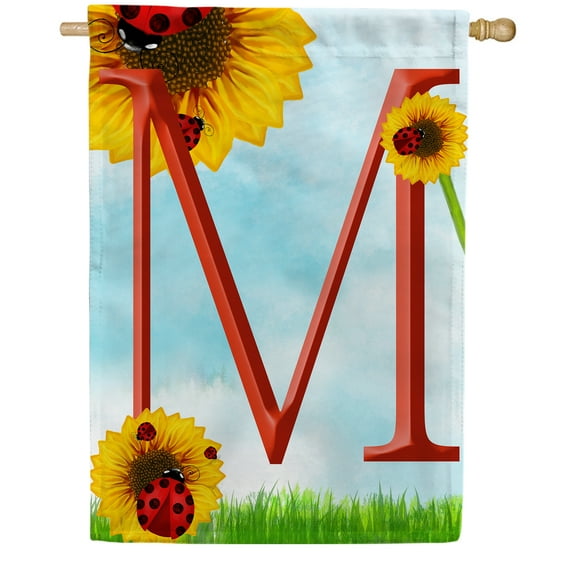 America Forever Summer Sunflower Ladybugs Monogram House Flag Letter M 28 x 40 inches Yellow Floral Spring Double Sided Vertical Outdoor Yard Lawn Decorative Yellow Hello Sunshine House Flag