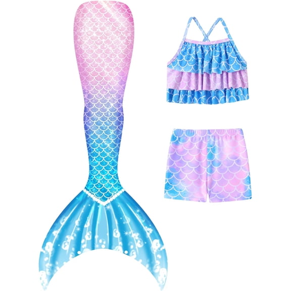 CARETOO 3Pcs Girls Swimsuits Mermaid Tail Suits Kids Multi Ruffled Trim Halter Mermaid Tail Swimsuit Colorful Fish Scale Pattern Set Swimwear 4-10 Years