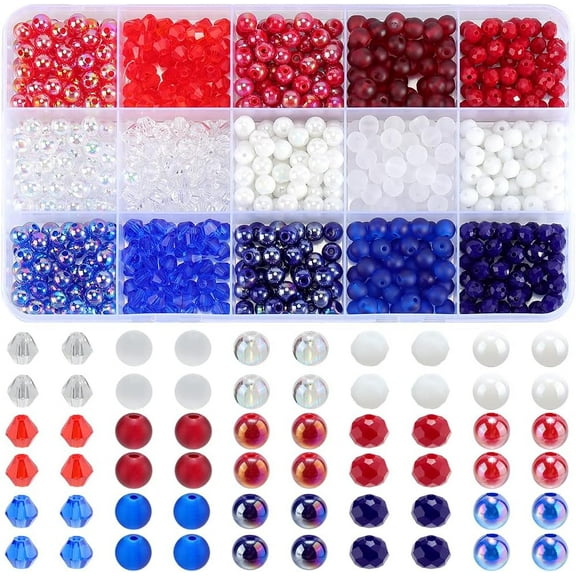 1 Box 750Pcs Red White Blue Crystal Beads 6MM Patriotic Glass Beads Kit Round Bicone Spacer Bead 4th of July Loose Beads for DIY Necklace Bracelet Earring Independence Day Jewelry Making