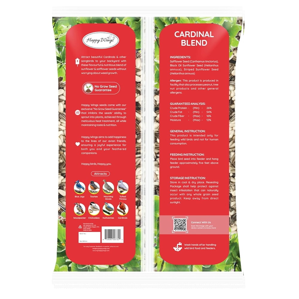 Happy Wings Cardinal Blend Bird Food, Mix of Sunflower Hearts/Kernels &Safflower Seed, 4 lb, No Grow Seed | Birdseed for Wild Birds | 2 Pack