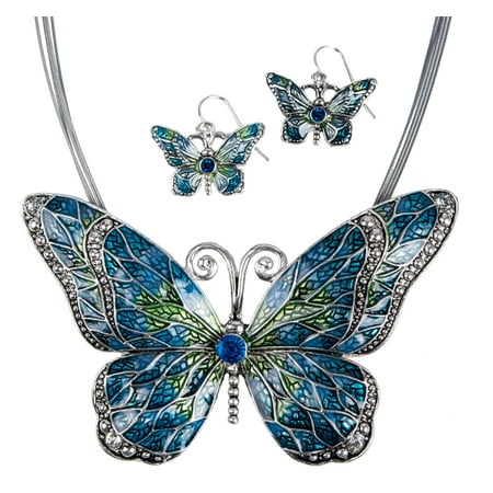 Butterfly Necklace Earrings Set - Butterfly Pendant Necklace with Enamel Inlay and Matching Earrings Set