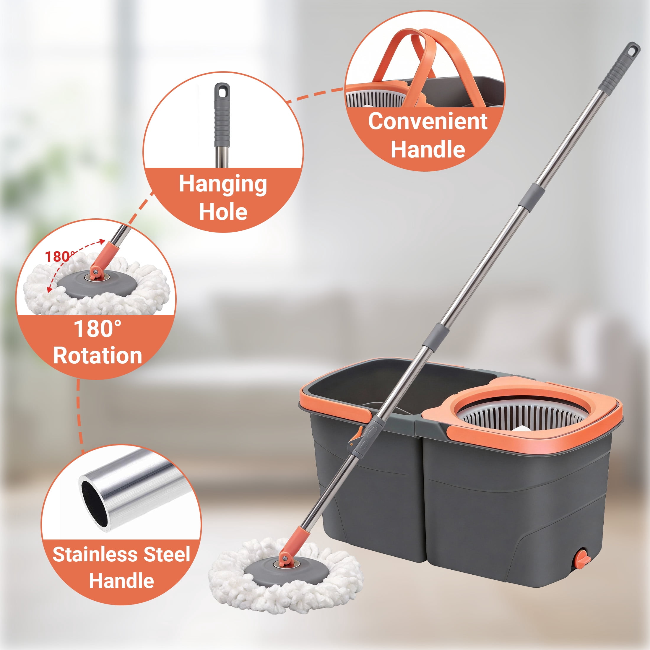 GARITIN Spin Mop and Bucket, Microfiber Mop with Wringer, Hands-Free Auto-Spin Drying, Dual-Bucket Floor Cleaning System for Hardwood Tile Marble