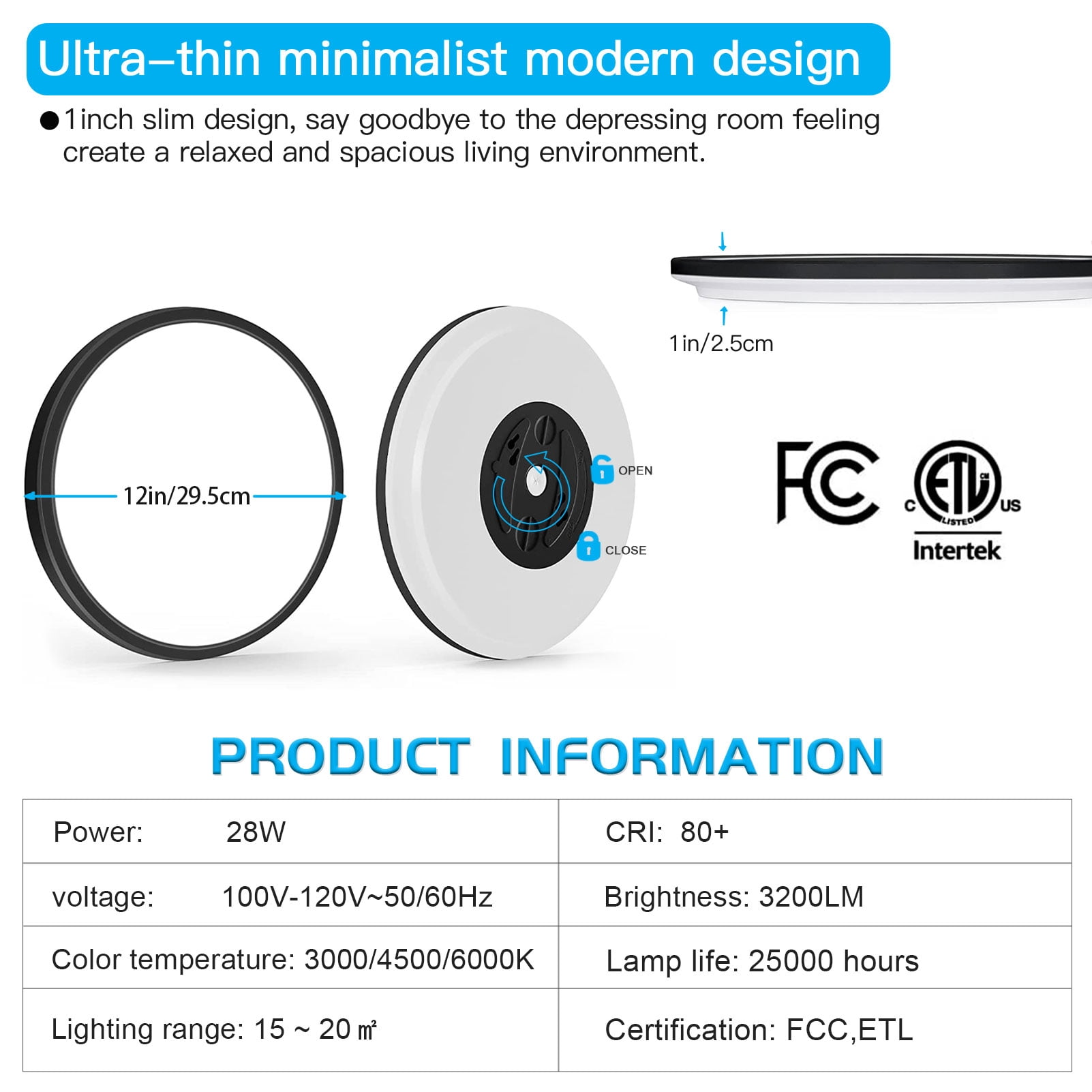 KOGYAS 12-Inch Flush Mount Ceiling Light, Modern Style, Black, for Kitchen, Bedroom, Utility Room