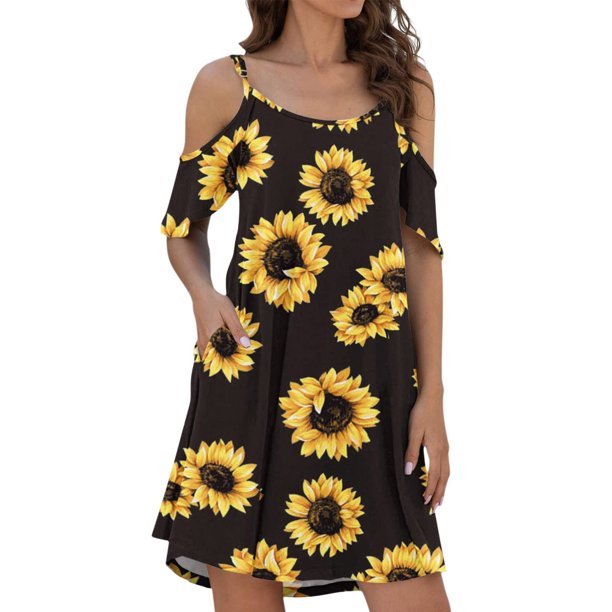 Moda mujer verano casual o-cuello estampado manga corta bolsillo mini vestido Fridja qw1473
