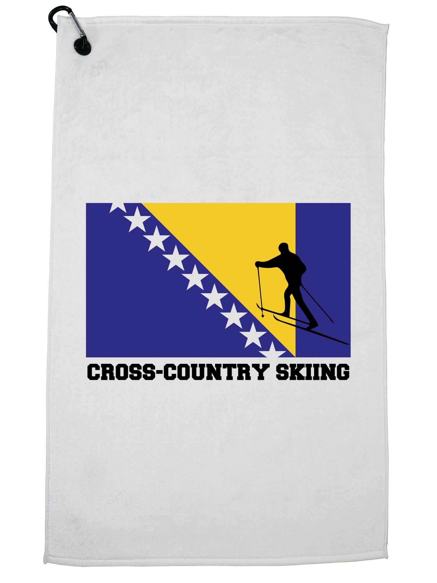 Bosnia and Herzegovina Olympic Cross-Country Skiing Flag Silhouette Golf Towel with Carabiner Clip by Hollywood Thread