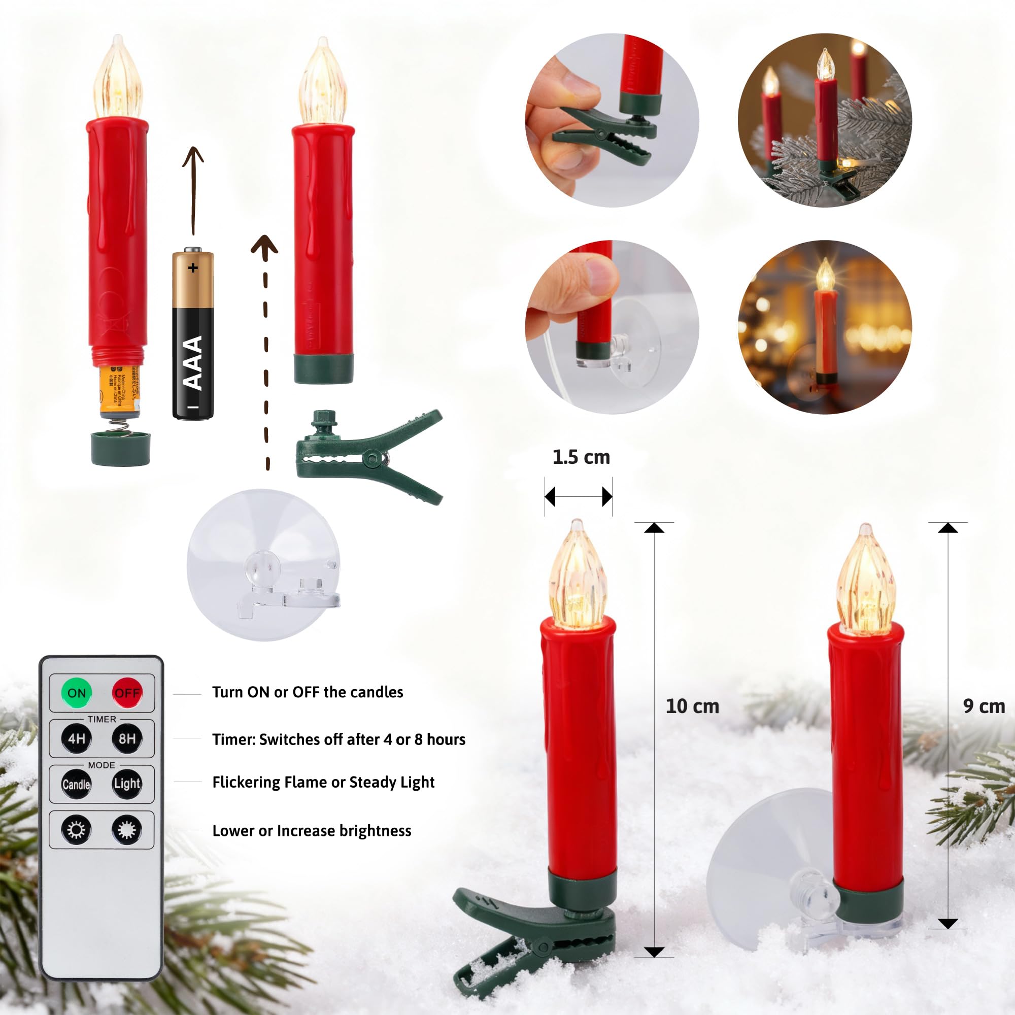 WYZworks 20 Pack LED Flameless Red Taper Clip On/Suction Cup Candles for Christmas Tree/Window Candle, 3.5" Flickering Warm White Candle Lights Ornaments, Crown Wreath, Battery Operated, Remote/Timer