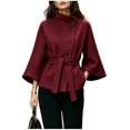 thumbnail image 2 of Miqool Women's Tweed Stand Collar Jacket Button Down Tie Waist Flare Long Sleeve Coat Trendy Casual Office Trench Coat, 2 of 7