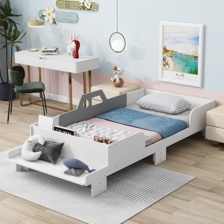 Miniyam Twin Size Kids Bed  Wood Car-Shaped Bed Frame with Bench for Boys Girls  White
