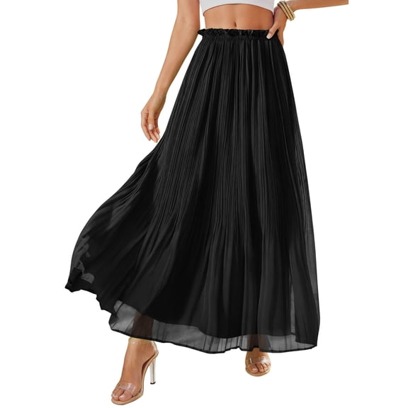 Womens Fashion Casual Beach Flowy Solid Midi Skirt Pleated High Waist Elastic Waist Lightweight A Line Long Skirt