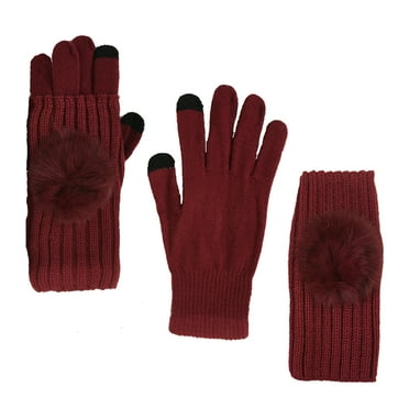 Top It Off Women's 3 in 1 Knit Pom Pom Fingerless Winter Texting Gloves, Red