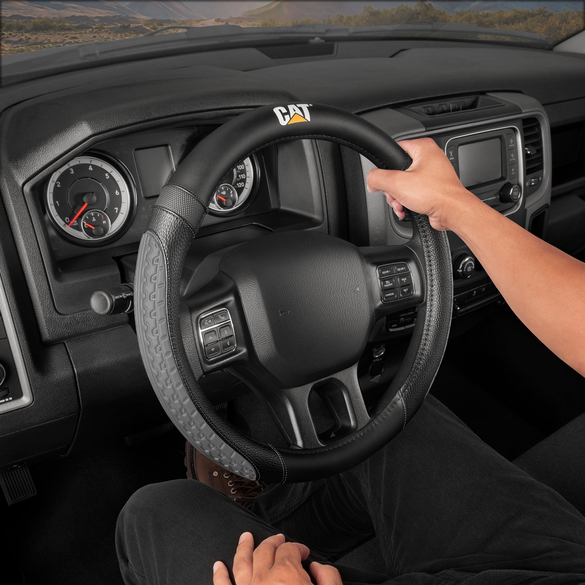 Cat DuraGrip Car Steering Wheel Cover, Large 16 inch Size, Tire Tread Inspired Traction Grip Design, Black Steering Wheel Cover for Car Auto Truck Van SUV