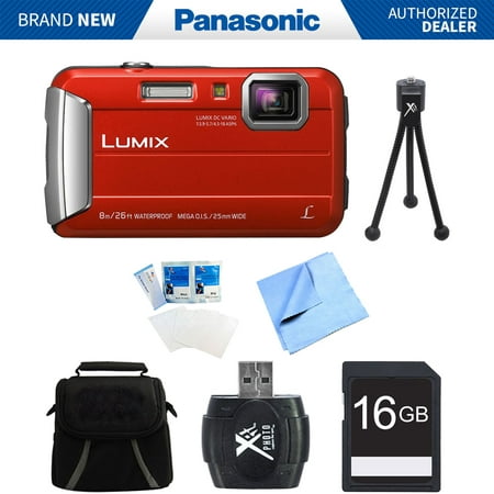 Panasonic LUMIX DMC-TS30 Active Tough Red Digital Camera 16GB Bundle - Includes Camera, 16GB Card, Compact Bag, Card Reader, Mini Tripod, Screen Protectors, and Micro Fiber