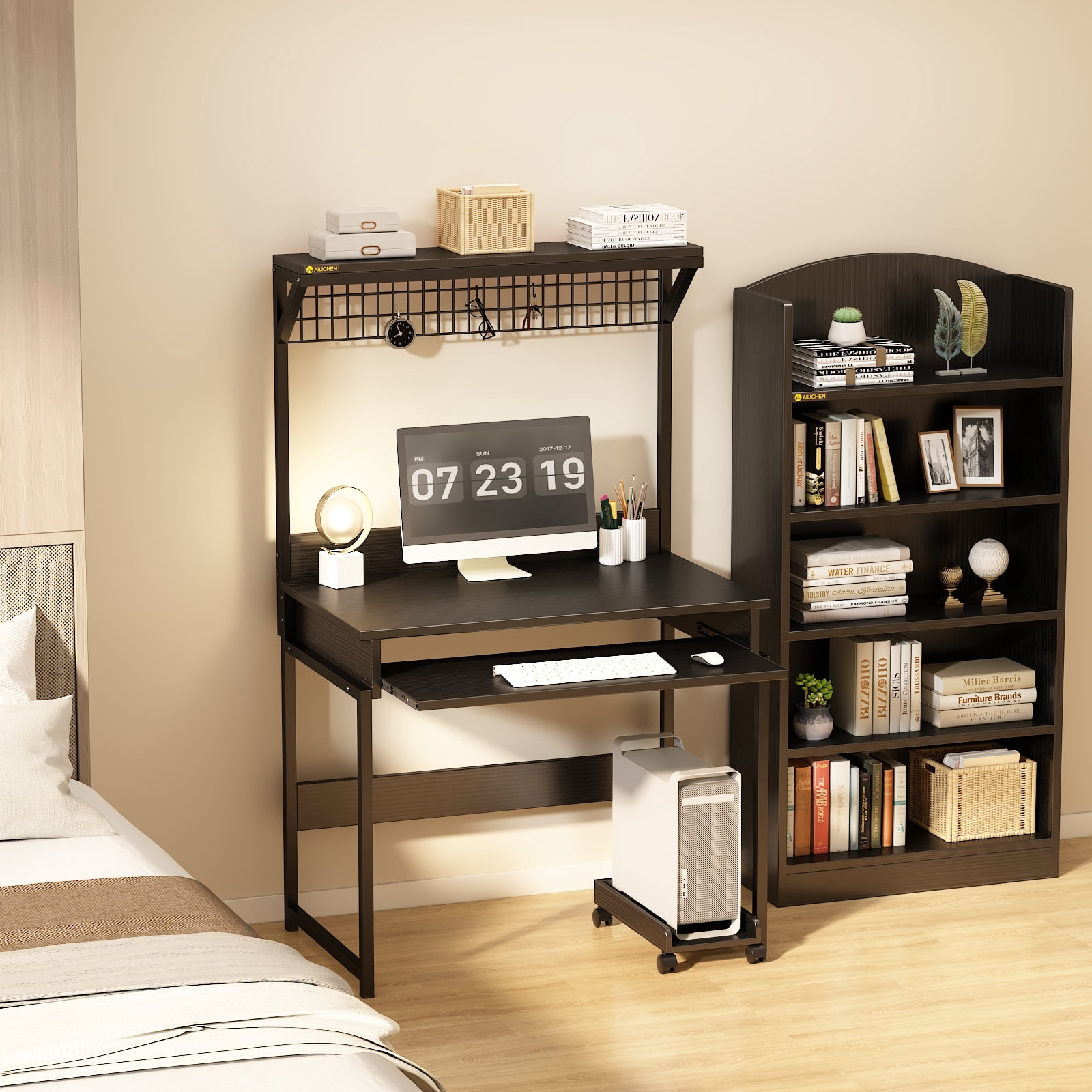 MIN EN WIN Retro Computer Desk with Storage Shelf and Keyboard Tray, Industrial Style Gaming Desk for Home Office,Black