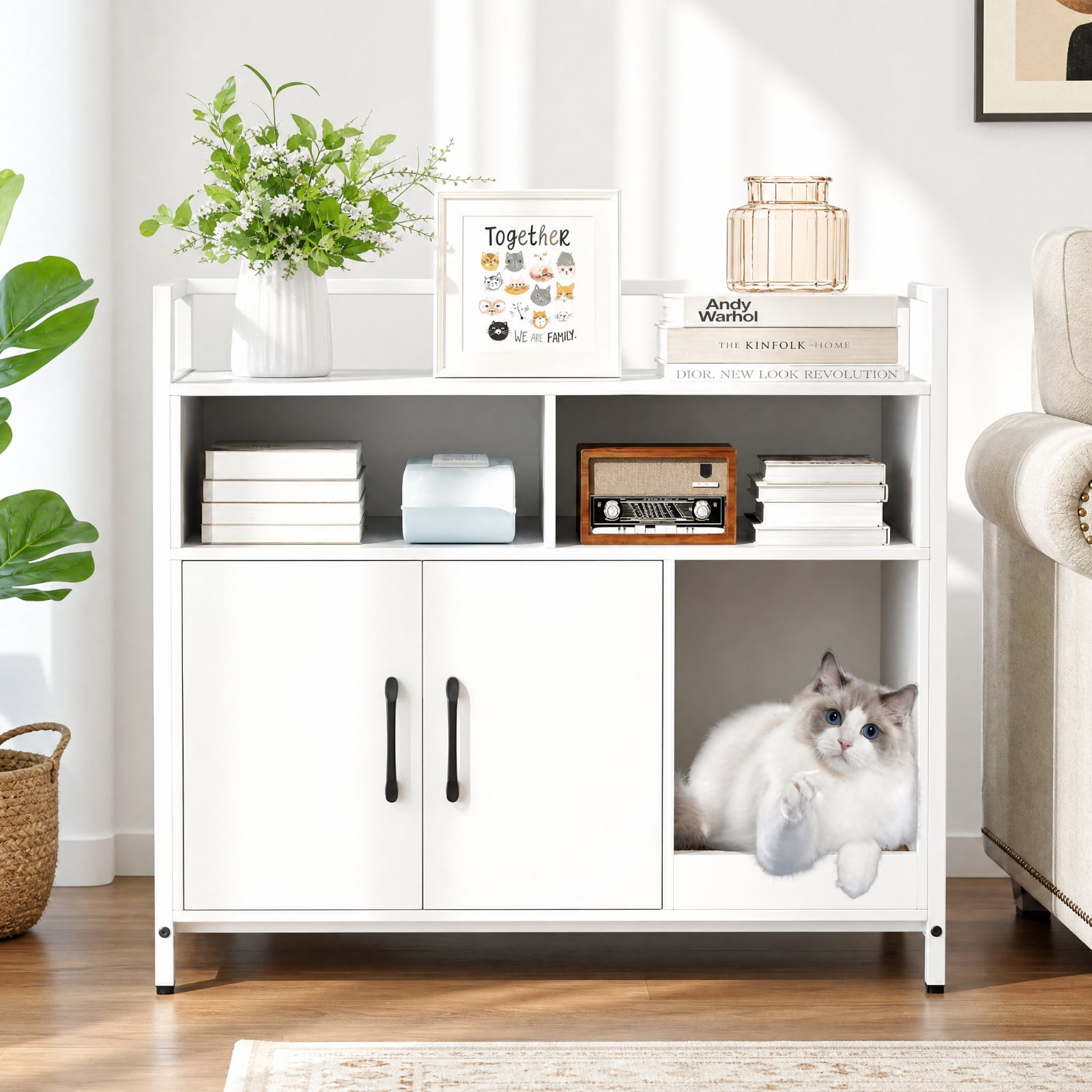 SUGIFT Hidden Cat Litter Box Enclosure, Wooden Cat Washroom Furniture with Double Doors, End Side Table Cat House, Off White