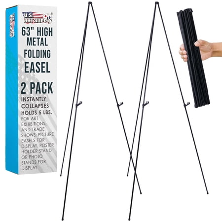 U.S. Art Supply 63" High Steel Easy-Folding Display Easel (2 Pack), Instantly Collapses, Adjustable Holders, Portable