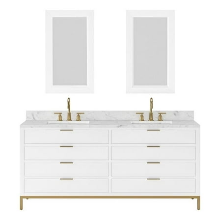 Water Creation Bristol 72"W Wood Double Bathroom Vanity in Pure White & Gold
