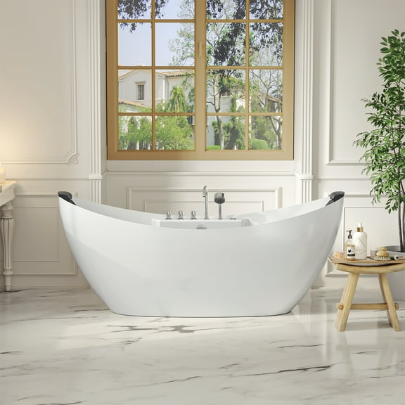 67-in L x 28.7-in W White Acrylic Center Drain Freestanding Whirlpool Tub with Faucet - Handshower - Headrest - 8 Water Jets