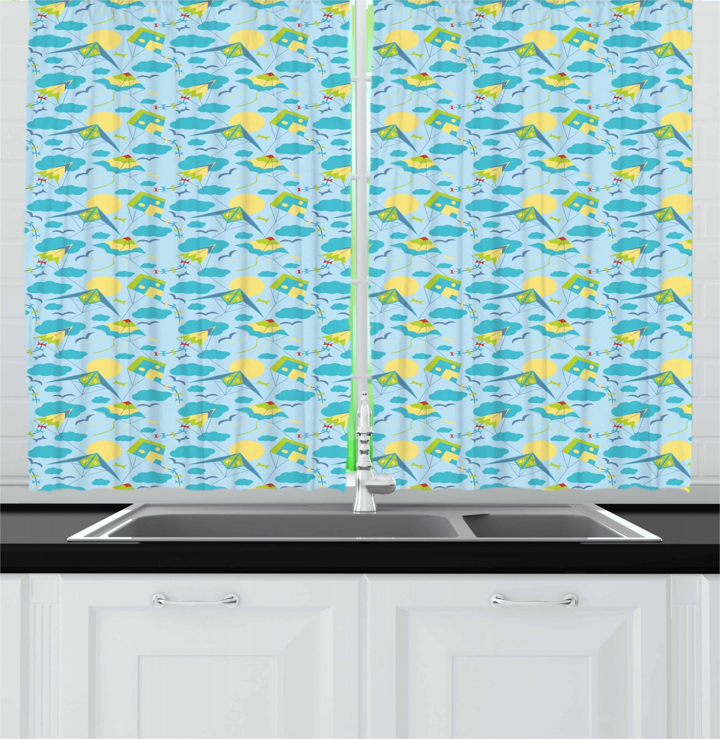 Kites Curtains 2 Panels Set, Birds and Kites Flying in the Sky Sunny Day with Clouds Summer