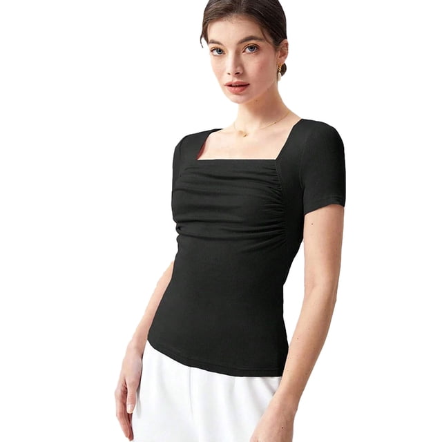 Camisa informal de oficina en colores sólidos, negra L Top de punto con busto fruncido y corte ajustado para mujer