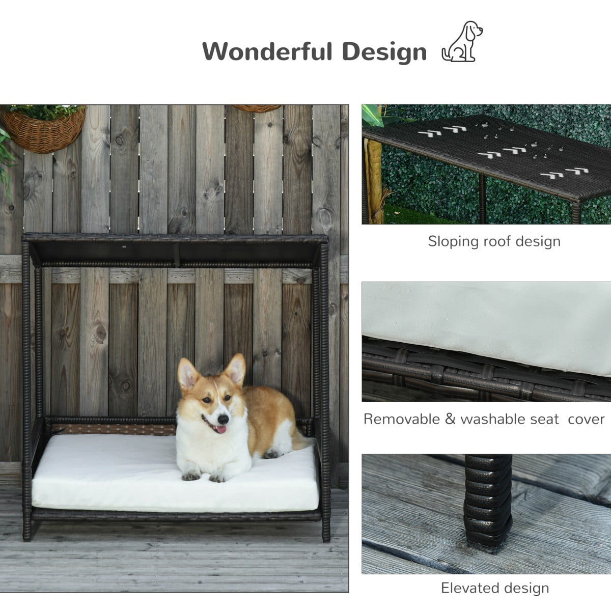 TOPCOMFY Rattan Dog House with Canopy Elevated Base Removable Cushion Wicker Indoor Outdoor Pet Bed